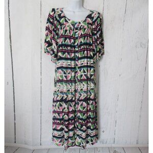 Go Softly Patio House Dress XL Blue Geometric Print Short Sleeve Mumu Pockets